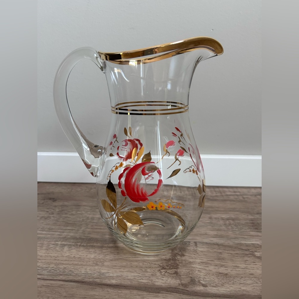 Vintage Hand-Painted Glass Pitcher with Gold Trim floral flowers water juice
